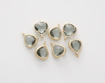 Framed glass charms, N6-G9, 2 pcs, 11.5x8mm, Drop, Black diamond, Cutting glass, Gold plated brass, FS02-09