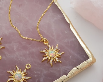 Opal sun charm, Brass, Lab-created opal, Cubic zirconia, Nickel free, Necklace supplies, Jewelry makings, 1 piece, [Q17-VC12]