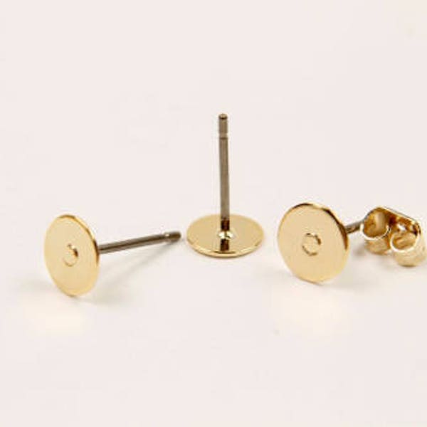 Earring Post w/ 6mm Flat Pad for Beads, Nickel Free, E11-G1, 10 pcs, 16K gold plated brass, Stud Making Supplies
