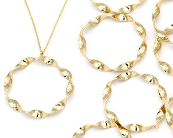 Twisted Flat Ring Pendant (L), T54-P7, 2 pcs, 53mm, 16K gold plated brass, Nickel free, Unique Necklace Making, Necklace Charm, Circle Charm