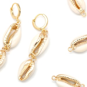 Cowrie Shell Connector w/ 2 links, O2-G2, Ocean Themed, 2 pcs, Shell Pendant, Sea Shell, Nautical Pendant, Nickel Free, Gold Plated Shell