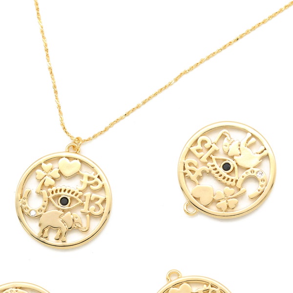 Evil eye / Lucky elephant / Various shape in circle pendant, Q6-G8, 2 pcs, 22mm, Nickel free, 16K gold plated brass, CZ, Medallion Pendant