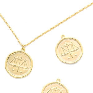 Zodiac Coin Pendant, Libra, K10-G7, 1 piece, 18mm, Inner 1.2mm link, 16K Gold Plated Brass, Nickel free, Constellation Pendant, Birth Sign