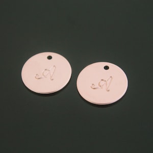 Alphabet Coin, AA-P9, 2pcs, 12mm, 1mm hole, Coin Pendant with Alphabet Engraved &quot;A&quot;, Rose Gold Plated Brass, Initial Pendant ni
