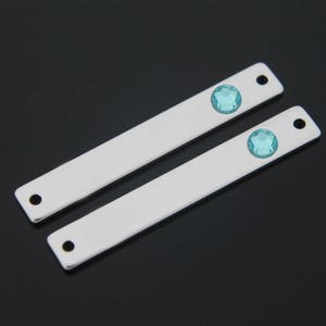 March Birth Stone Stamping Blank, K3BZ-R, 2 pcs, 33x5mm, Nickel Free, Aquamarine, Original rhodium plated brass, Personalized, Birthstone