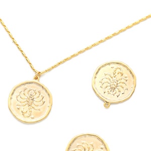 Zodiac Coin Pendant, Scorpio, K10-G8, 1 piece, 18mm, Inner 1.2mm link, 16K Gold Plated Brass, Nickel free, Constellation Pendant, Birth Sign