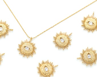 Evil Eye Sun Rise Pendant, P7-R9, 1 piece, 15mm, 1.3mm loop, Nickel free, 16K gold plated brass, Cubic zirconia, Evil eye charm