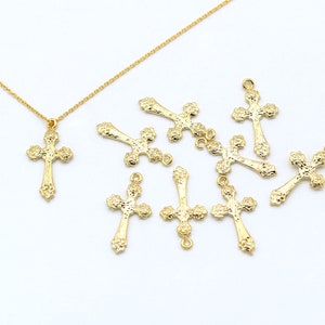 Flower-end Cross Charm, T70-R6, 2 pieces, Open link, Nickel free, 21x13mm, 16K gold plated brass, Cross pendant, Religious medals