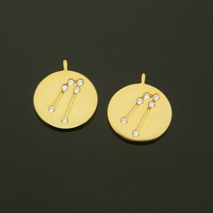 Zodiac Coin Pendant, Coin w/ a link, Taurus, A26-G2, 2 pcs, Nickel free, 10mm, 16K gold plated brass, CZ, Constellation, Birth sign charm