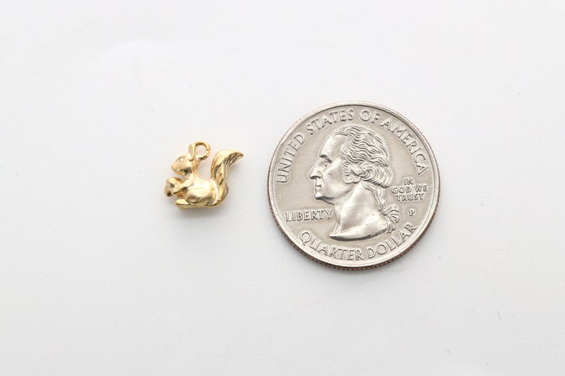 May include: A gold-colored squirrel charm with a nut in its paws. The charm is about the size of a US quarter.