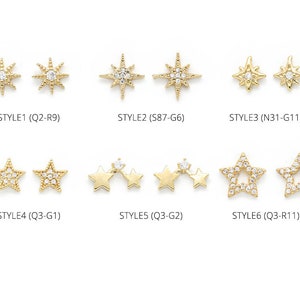 Star cubic stud earring collection, 2 pcs per style, 16k gold plated brass, Cubic zirconia, Nickel free