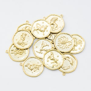 Zodiac Coin Pendant Set, 18mm, Inner 1.2mm link, 16K Gold Plated Brass, Nickel free, Constellation, Birth Sign, 1 set(12 pcs), [K10-G13]