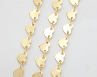 Flat heart chain, Nickel free, CJ31-09, 1 meter, 6mm flat heart, 3mm link, 16K gold plated brass, Necklace chain, Unique chain