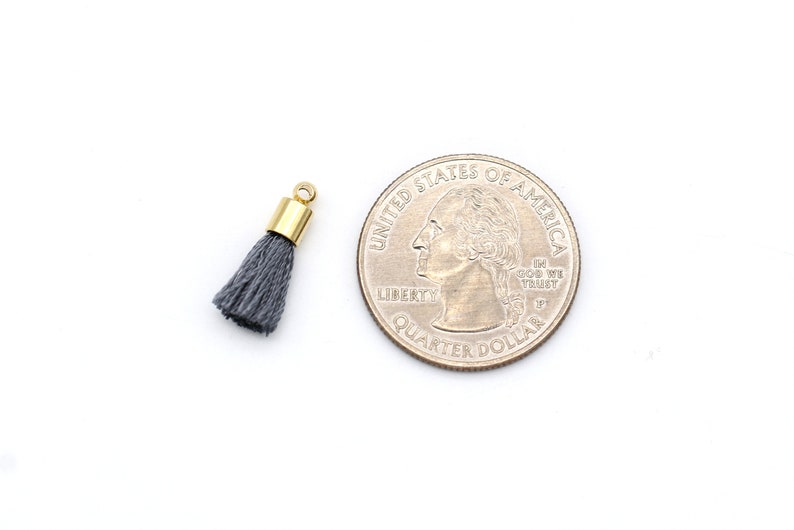 May include: A small gray tassel with a gold metal top. The tassel is about the size of a US quarter.