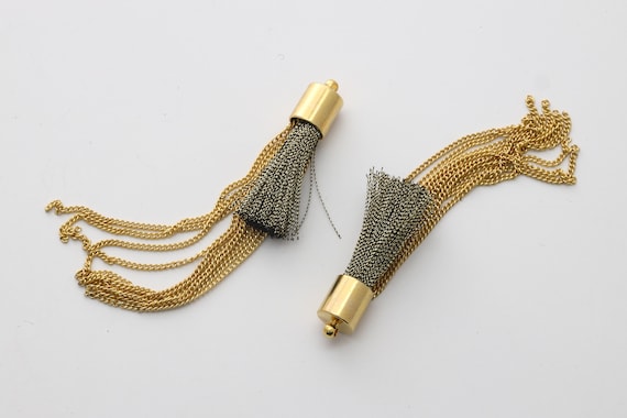 Gold thread & chain tassel, Z4-G2, 2 pcs, L 76mm, S 37mm, Cap 8mm, Bronze + black, 14K gold plated copper chain, 16K gold plated brass cap