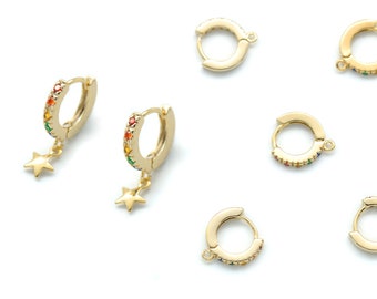 Rainbow cubic one touch w/ open link, Nickel free, Q4-G7, 2 pcs, 12mm, 2mm thick, 16K gold plated brass, Lever back earring making, CZ hoop