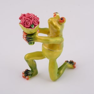 Romantic Frog Holding Flowers Faberge Style Trinket Box Decorated with Swarovski Crystals Handmade by Keren Kopal