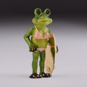 Frog Holding a Surfboard Figurine Faberge Style Trinket Box Handmade Decorated with Swarovski Crystals