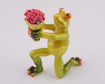 Romantic Frog Holding Flowers Faberge Style Trinket Box Decorated with Swarovski Crystals Handmade by Keren Kopal