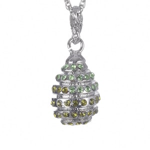 Silver Egg Pendant Necklace Decorated with Green Swarovski Crystals Faberge Styled Handmade by Keren Kopal Enamel Painted