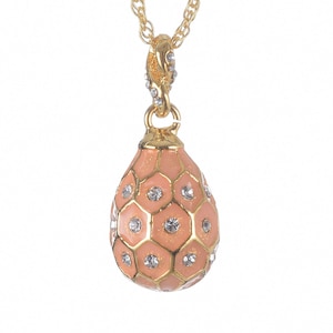 Pink Egg Pendant Gold Necklace Faberge Styled Handmade by Keren Kopal Enamel Painted Decorated with Swarovski Crystals