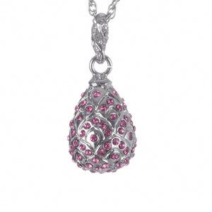 Silver Egg Pendant Necklace Decorated with Pink Swarovski Crystals Faberge Styled Handmade by Keren Kopal Enamel Painted