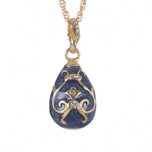 Blue Egg Pendant Gold Necklace Faberge Styled Handmade by Keren Kopal Enamel Painted Decorated with Swarovski Crystals