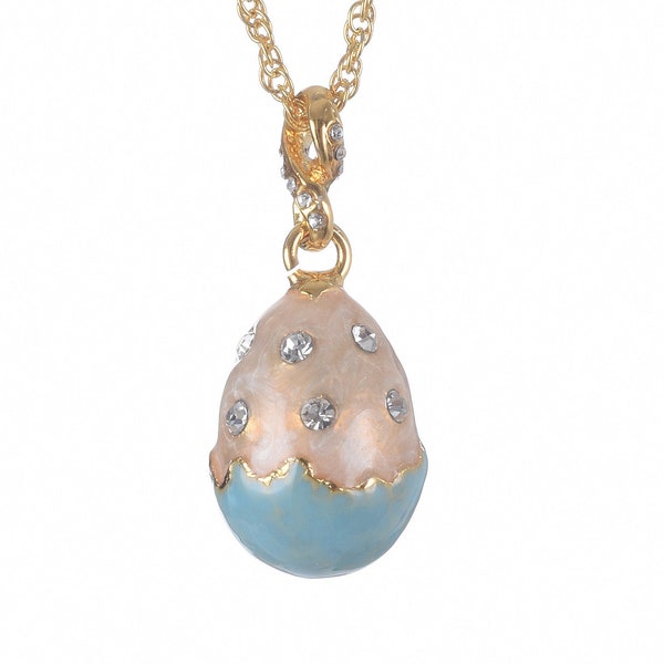 Turquoise Egg Pendant Necklace Faberge Styled Handmade by Keren Kopal Enamel Painted Decorated with Swarovski Crystals