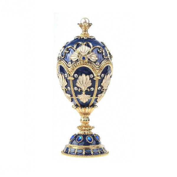 Music Playing Blue Faberge Egg Trinket Box with a Pearl on Top Handmade by Keren Kopal Decorated with Swarovski Crystals