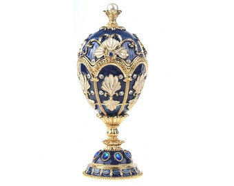 Music Playing Blue Faberge Egg Trinket Box with a Pearl on Top Handmade by Keren Kopal Decorated with Swarovski Crystals