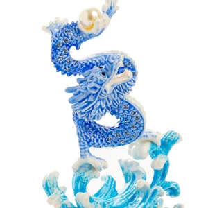 Blue Chinese Dragon on Ocean sea waves water Trinket Box by Keren Kopal Faberge Style Decorated with Austrian Crystals Decoration Box