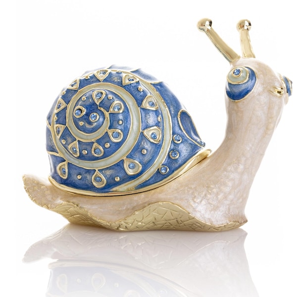 Gold & Blue Jeweled Snail Trinket Box Decorated with Crystals, Jewelry Storage Stash Animal Figure