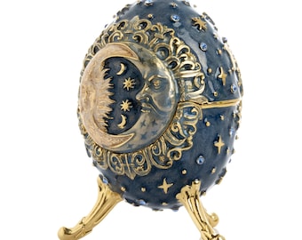 Keren Kopal Celestial Sun Moon Egg Trinket Box, Enamel Swarovski Crystals, 24K Gold Plated