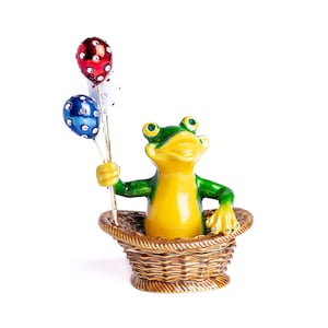 Frog Sitting in a Basket Holding Balloons Figurine Trinket Box Handmade Home Office Space Decoration Birthday Gifts Idea Original Gift