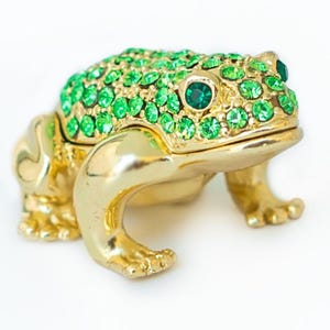 Green and Gold Sitting Toad Frog Trinket Box Figurine Decoration By Keren Kopal