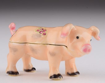 caja baratija estilo cerdo Faberge rosa hecha a mano por Keren Kopal esmalte pintado decorado con cristales Swarovski