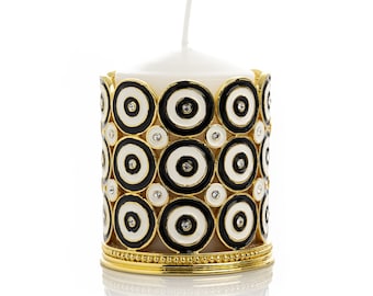 Golden Candle Holder with Circles Pattern Decorated with Austrian Crystals enamel painted house warming gift