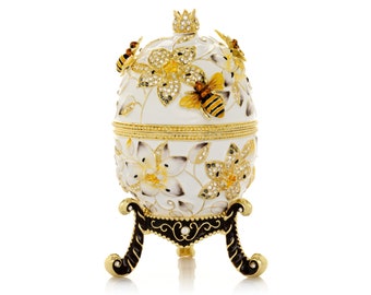 Keren Kopal Faberge Egg: White Enamel, Bees, Flowers, Crystals, 24K Gold Plated