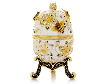 Keren Kopal White Faberge Egg Handmade Decorated with Bees and Flowers with Crystals Enamel Paint Gold Plated