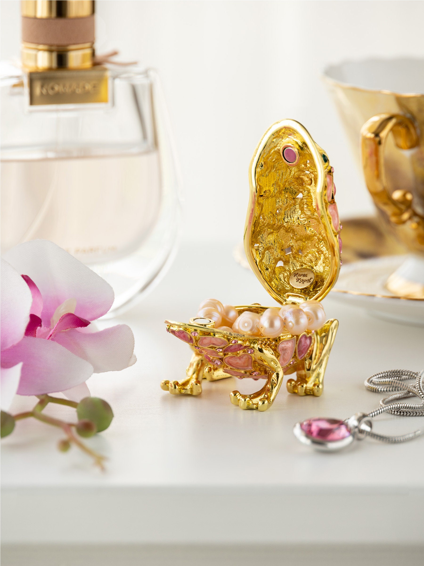 Golden Frog With Hearts Trinket Box Decorated With Crystals by