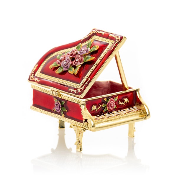 Red Piano with Flowers Trinket Box by Keren Kopal Faberge Style Decorated with Crystals Music Gift Idea