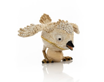 Beige Bird with Egg Trinket Box Handmade by Keren Kopal Decorated with Austrian Crystals