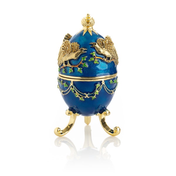 Blue Russian Egg with Eagles Music Playing Trinket Box Faberge Egg Decorated with Swarovski Crystals Collectors Easter Egg Decoration Idea