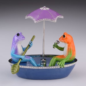 Two Frogs in a Boat Faberge Style Trinket Box Decorated with Swarovski Crystals Handmade by Keren Kopal