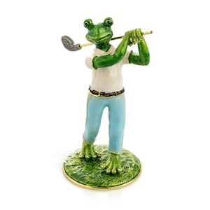 Frog Playing Golf Trinket Box Handmade by Keren Kopal Enamel Painted Decorated with Austrian Crystals