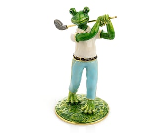 Frog Playing Golf Trinket Box Handmade by Keren Kopal Enamel Painted Decorated with Austrian Crystals