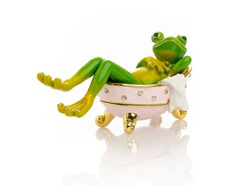 Frog In Bathtub Trinket Box Handmade by Keren Kopal Enamel Painted Decorated with Austrian Crystals