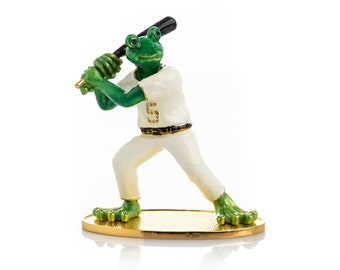 Frog Playing Baseball Trinket Box Handmade by Keren Kopal Enamel Painted Decorated with Austrian Crystals