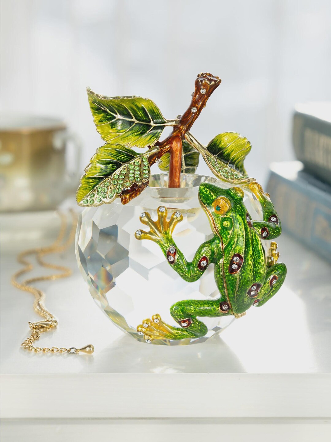 Crystal Apple With a Green Frog on It Trinket Box Handmade by Keren ...