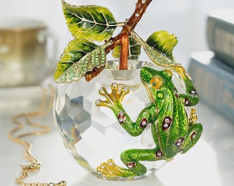 Crystal Apple with a Green Frog on it Trinket Box Handmade by Keren Kopal